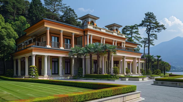 Slot-0203 Neo-Classic Elegance: symmetrical facade with classical columns and golden proportion / [0203] ネオクラシックの優雅：黄金比と対称性が際立つ邸宅外観