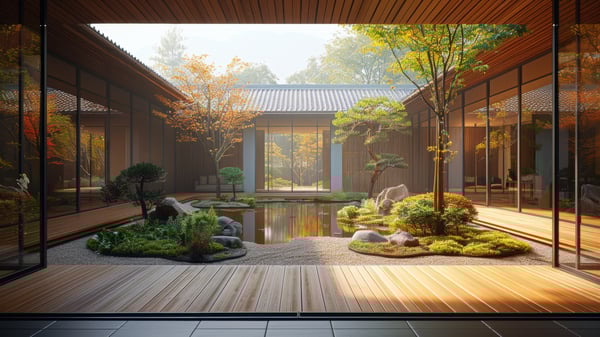 [G239] Courtyard Garden with Tactile Wood and Artistic Simplicity, Oceanic Hues