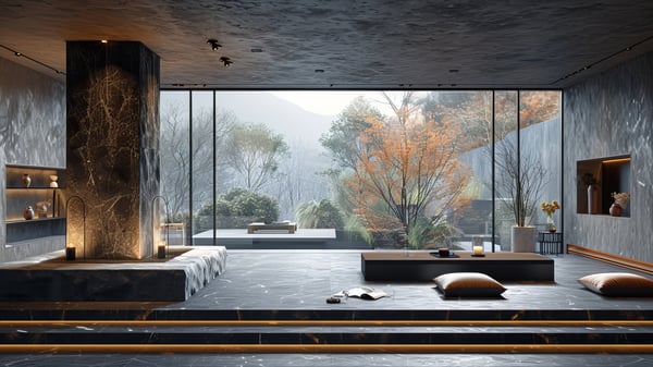 [H473] Industrial Mediterranean Entrance Hall with Reflective Tiles and Tatami