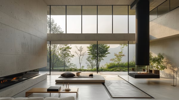 [H538] Minimalist Béton Brut Entrance Hall with Sculptural Fireplaces