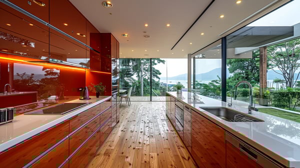 [K479] Reflection-Dominant Industrial Kitchen with Oceanic Panorama