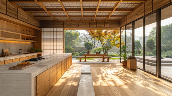 [K647] Rokko-so Zen Kitchen with Dynamic Light Contrast and Rustic Warmth