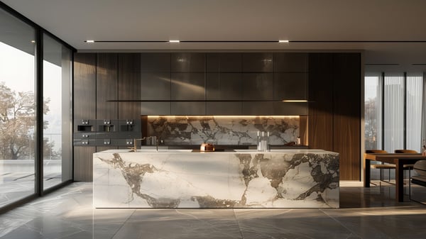 Slot-0207 The Monolith: stone and concrete LDK with monolith kitchen and water mirror dining / [0207] 彫刻的LDK：石とコンクリートが奏でる質塊の美学