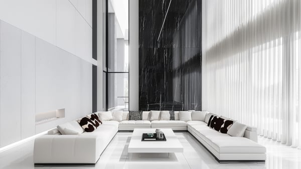 Slot-0209 The Chromatic Emotion: color-dominant interior with achromatic purity and bold accent / [0209] 色彩の感情：アクセントカラーが支配するドラマチックなLDK