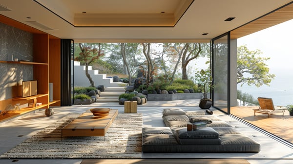 [L779] Organic Industrial Oceanic Living Room with Garden View