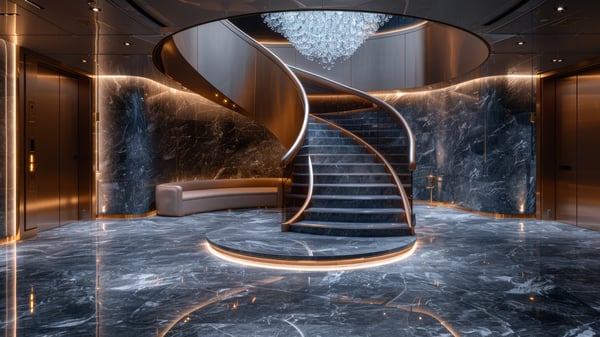 Slot-0216 Vertical Choreography: sculptural staircase with marble and cantilevered steps / [0216] 権威の象徴：大理石と浮遊するステップが奏でる階段の造形