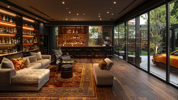 [O617] Modern Automotive Gallery Lounge with Chiaroscuro Contrast