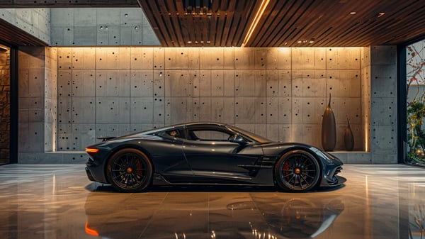 Slot-0204 Automotive Sanctuary: concrete vault garage with linear lighting and sculptural car display / [0204] 機能するアートとしてのガレージ：コンクリートの静寂と光のライン