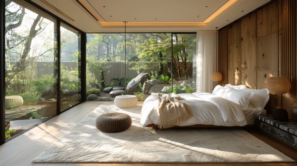 [R658] Minimal Contrast Bedroom with Garden View