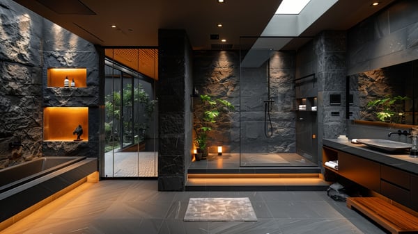 [V648] Ashiya Rokurokuso Luxury Bathroom with Dramatic Contrast and Rustic Nuance