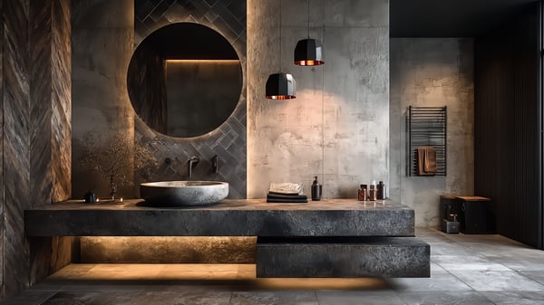 Slot-0213 Purification Ritual: luxury spa bathroom with stone, water, and mineral texture / [0213] 浄化の儀式：石と水が奏でるラグジュアリー・サニタリー