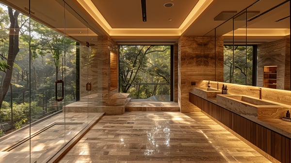 [V886] Polished Travertine Bathroom with Forest View