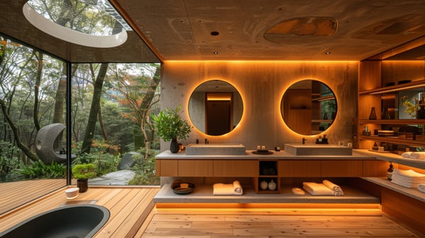 [V952] Fluid Minimal Nordic Bathroom Vanity with Forest View