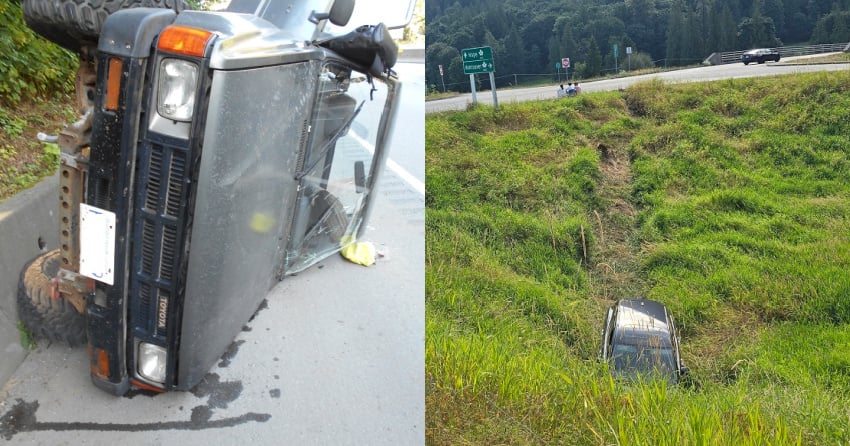 Uninsured BC drivers crash within an hour of each other on Hwy 1