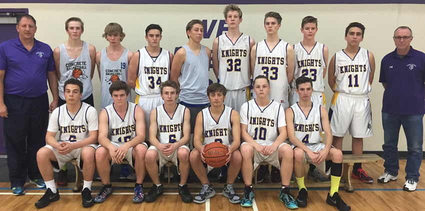 <who> Photo Credit: Contributed </who>The Kelowna Christian School Knights won three of four games and brought home a bronze medal from the B.C. High School Boys Basketball Association 1A championship tournament in Langley on the weekend. The Knights defeated the St. Ann's Academy Crusaders of Kamloops in their bronze-medal game. Members of the Okanagan Valley-champion Knights are, from left, front: Geo Woudwijk, Jackson Cockwill, Jackson Borne, Cruz Andersen, Ethan Van Dyk and Nathan Christophe. Back: Tim Martens (coach), Parker Kent, Zeph Brown, Joel Devries, Carter Martens, TJ Ward, Austin Poulin, Carter Giles, Tyler Jardine and Dean Neufeld (coach).