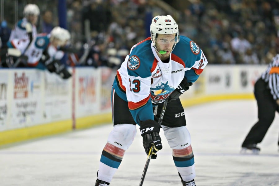 <who>Photo Credit: KelownaNow</who>Reid Gardiner has had many scoring opportunities over the last couple of games, hitting the post and cross bar a number of times, and on Friday he finally hit the net for his eighth with the Rockets.