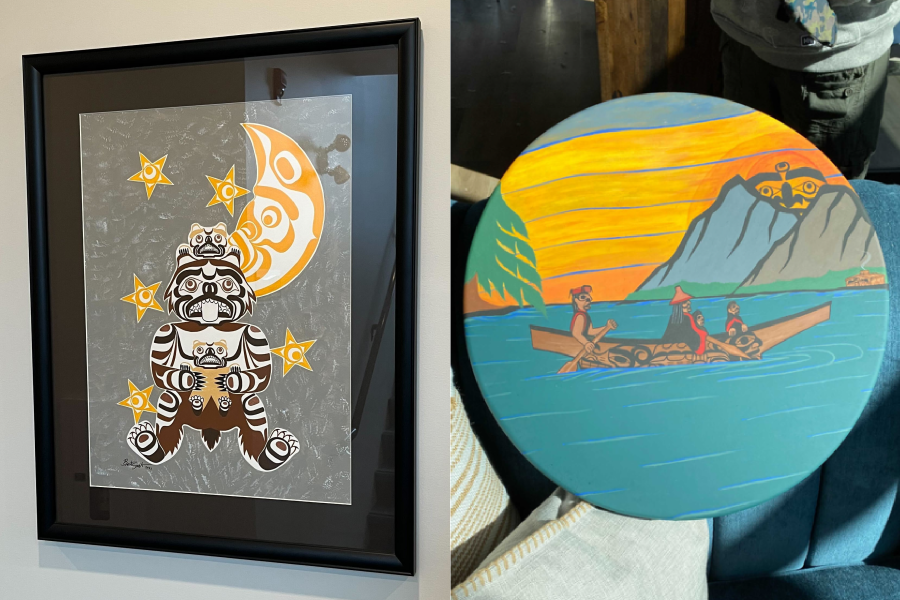 Police are hoping for the quick recovery of a grizzly bear print by Brent J. Smith (left) as well as a hand-painted drum by local artist Greg Henderson (right).