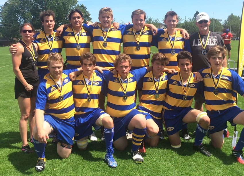 <who>Contributed </who>The Rutland Voodoos played to a silver medal at the BC Rugby high school 7s tournament in Vancouver on the weekend. Members of the team are, from left, front: Travis Olyncyuk, Omar Kahl, Curtis Kilmartin, Alfonso Asbrita, Jorge VonZedlitz and Isaac Youngs. Back: Teresa Jackson (coach), Quinn Allardyce, Emilio Bertacco, Elias Gering, Connor Allardyce, Jonas Reupp and Patrick Allardyce (coach). 
