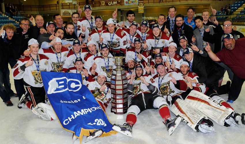 <who>Photo Credit: Lorne White/KelownaNow </who>The West Kelowna Warriors celebrate their BCHL Fred Page Cup victory in front of 1,499 fans at Royal LePage Place.
