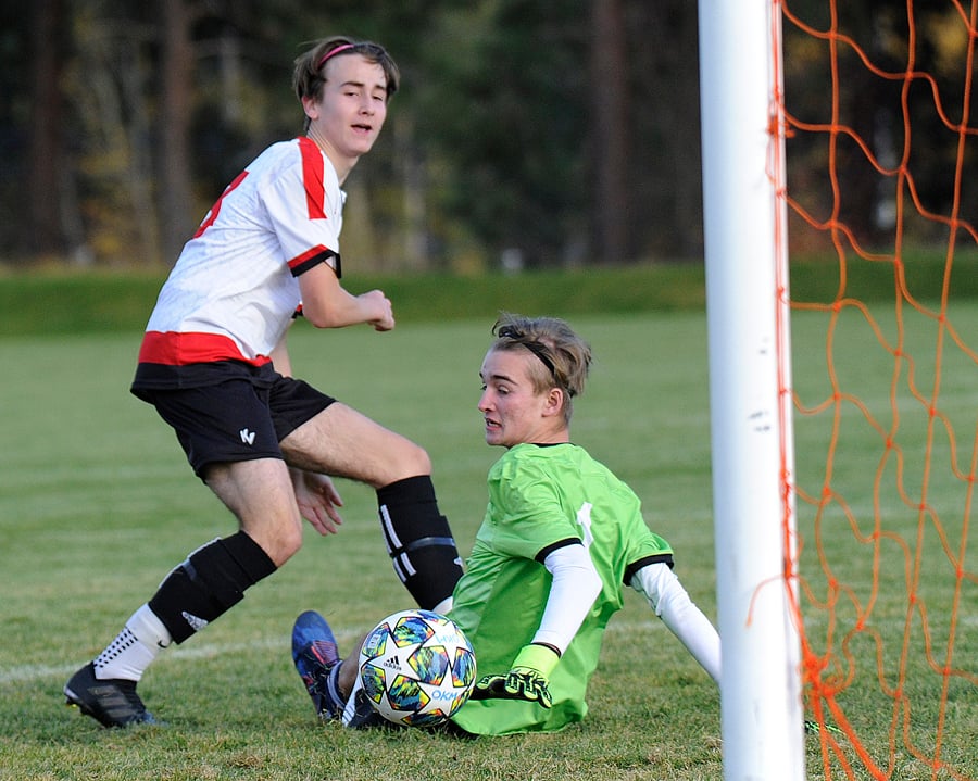 <who>Photo Credit: Lorne White/KelownaNow </who>Andrew Mihas of the Bears watches as the ball rolls into the goal past OKM goalkeeper Brett Martin.