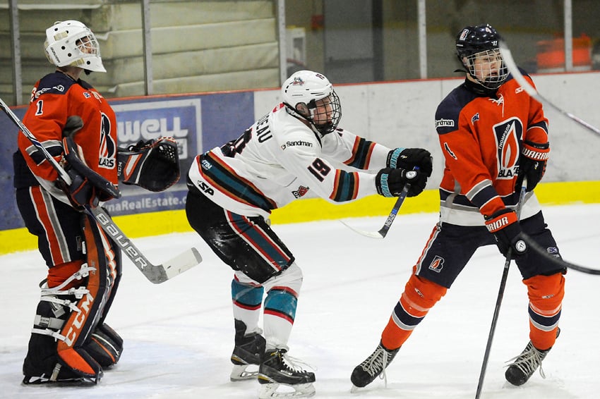 <who>Photo Credit: Lorne White/KelownaNow </who>Coleton Bilodeau causes havoc in front of the Thompson Blazers' net in the first period of their game on Saturday at the CNC. Bilodeau scored his 12th goal of the season in a losing cause. 