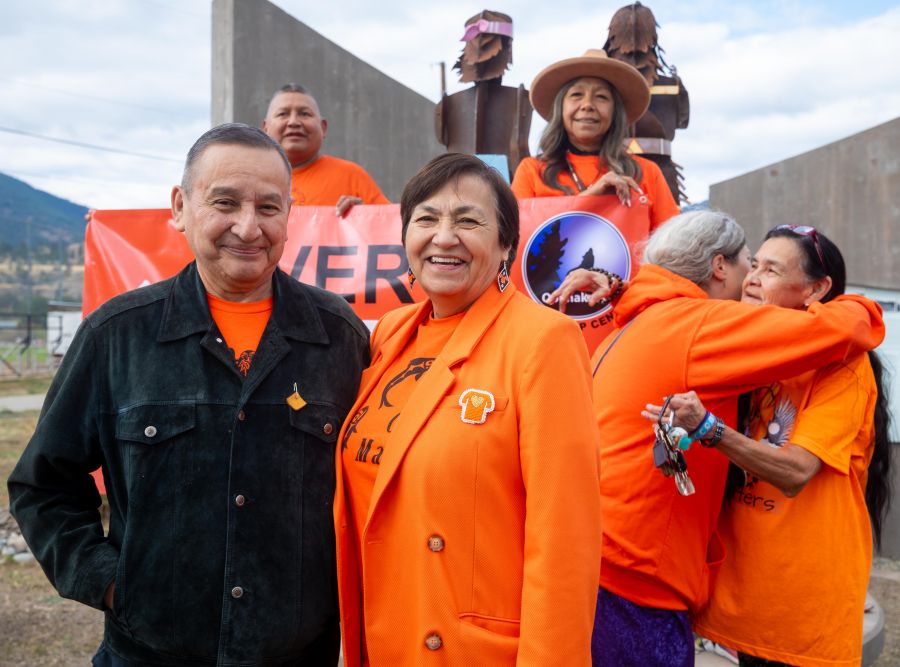 <who>Photo Credit: NowMedia/Gord Goble</who> Grand Chief Stewart Philip and MLA Joan Philip up front at the Monument