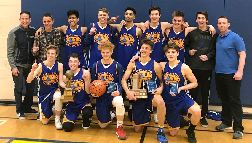 <who>Photo Credit: File Photo</who>The Rutland Voodoos celebrate an upset win over the Kelowna Owls at the at the Okanagan Valley senior quad-A boys basketball championship tournament in 2018.