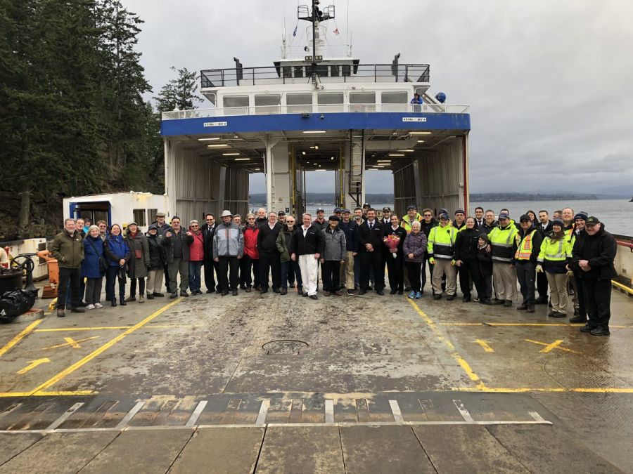 <who>BC Ferries</who>Crew members, past and present, on board the Powell River Queen on its last sailing.