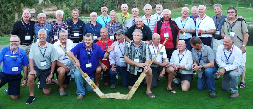 <who>Photo Credit:Contributed</who>The University of Victoria Vikes hockey team gathered in Kelowna for their first-ever reunion. Dave Cousins of Kelowna, top left, a former captain of the Vikes was the chief organizer, while Lorne Buna of Kelowna, another former Vike,, front row, second from left, also attended the two-day event at the Kelowna Golf and Country Club and the Cousins home.