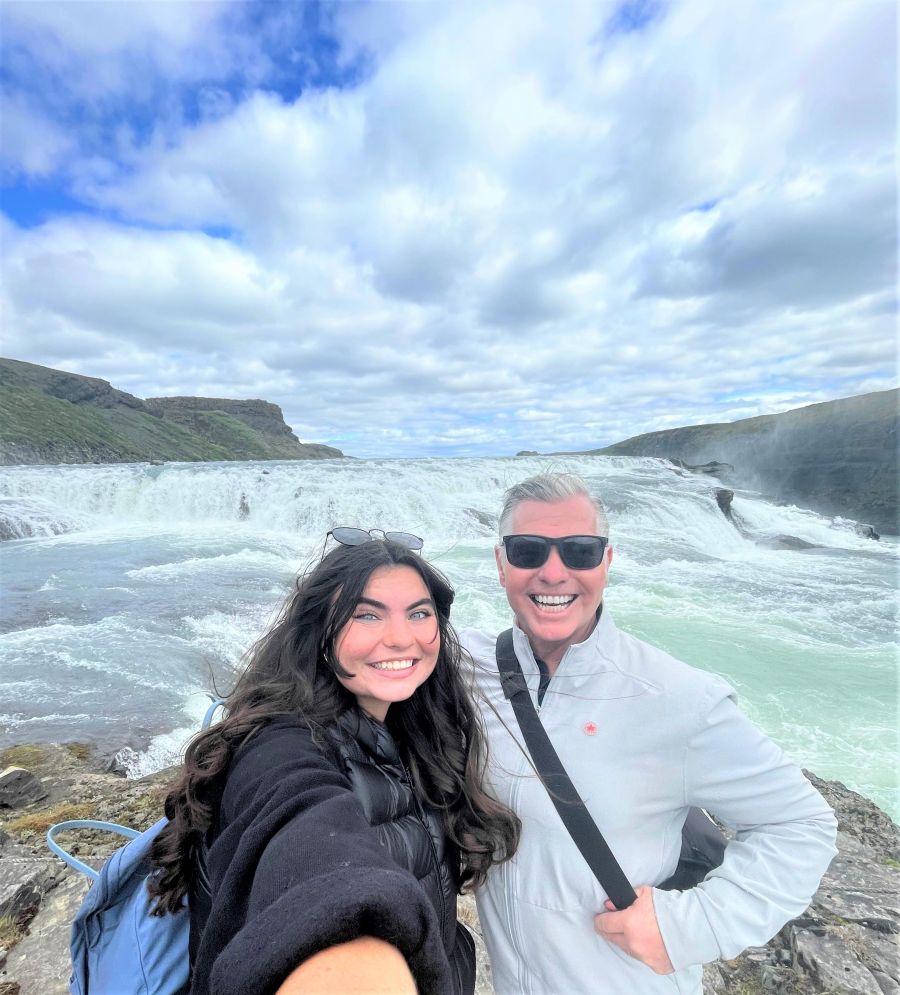 </who>Grace and Steve MacNaull mug for a daughter-father selfie at Gullfloss waterfall.