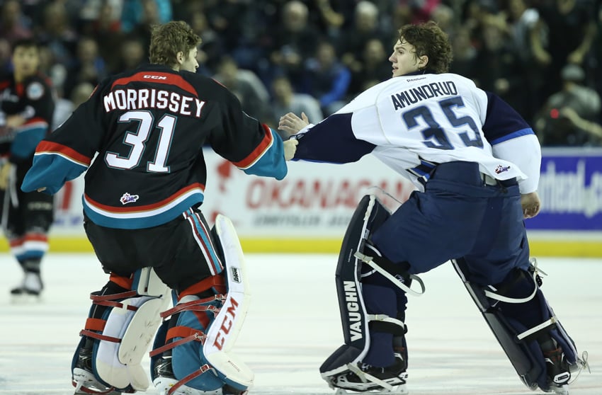 <who>Photo Credit: JA Csek/KelownaNow.com </who>Jake Morrissey, released by the Rockets on Monday, might well be remembered most in Kelowna for this fight with Nik Amundrud of the Saskatoon Blades on Dec. 3 of 2014.