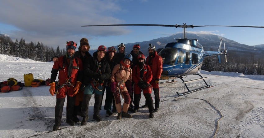 <who>Photo Credit: Jeremy Bruns</who>The full team of nine cavers prepares for the helicopter ride to the cave in -38 C temperatures on Dec. 31, 2017.