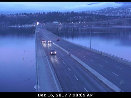 <who> Photo Credit: BC Highway Cams </who> East end of WR BEnnett Bridge, connecting Kelowna and West Kelowna, looking west.