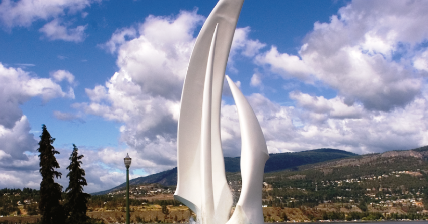 <who> Photo Credit courtesy of City of Kelowna </who> The Sails sculpture at the base of Bernard Avenue in downtown Kelowna will be lit up red and white tonight at 9 pm to commemorate Food Day Canada.