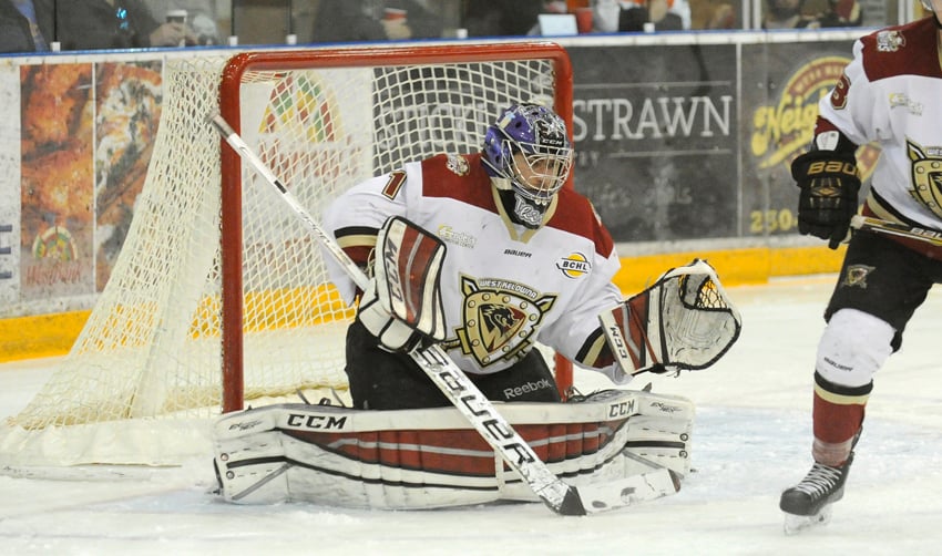 <who>Photo Credit: Lorne White/KelownaNow </who>Matthew Greenfield earned his first shutout in the playoffs by stopping 37 Chilliwack shots.