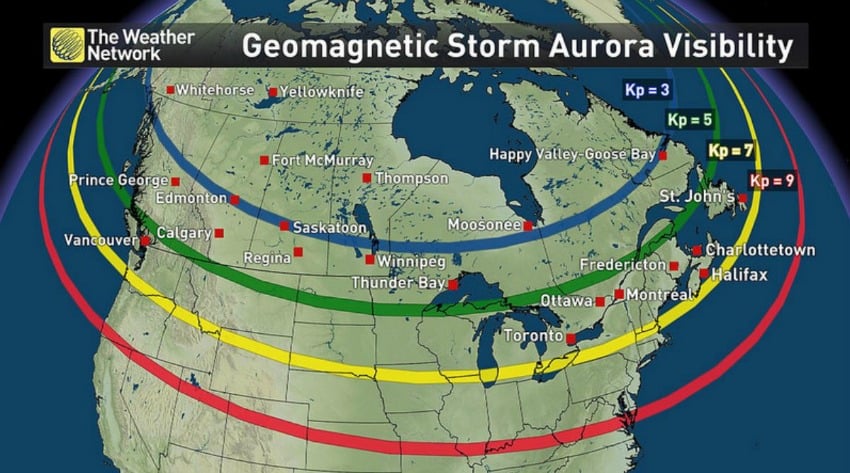 <who> The Weather Network </who> A map of the potential aurora visibility for different geomagnetic storm strengths. The Kp = 5 line denotes the extent of auroras during a G1 (minor) geomagnetic storm. Kp = 7 is for a G3 (strong) storm. Kp = 9 is for a G5 (extreme) storm. Even-valued Kp indices, and thus geomagnetic storm strengths, generally fall between the lines on the map. (Anything less than Planetary K-index of 5 is considered "substorm" levels).