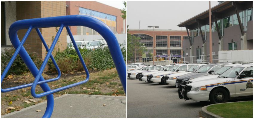 The bike rack in question. The same parked police cars are shown in both photos. (Photo Credit: KelownaNow.com)