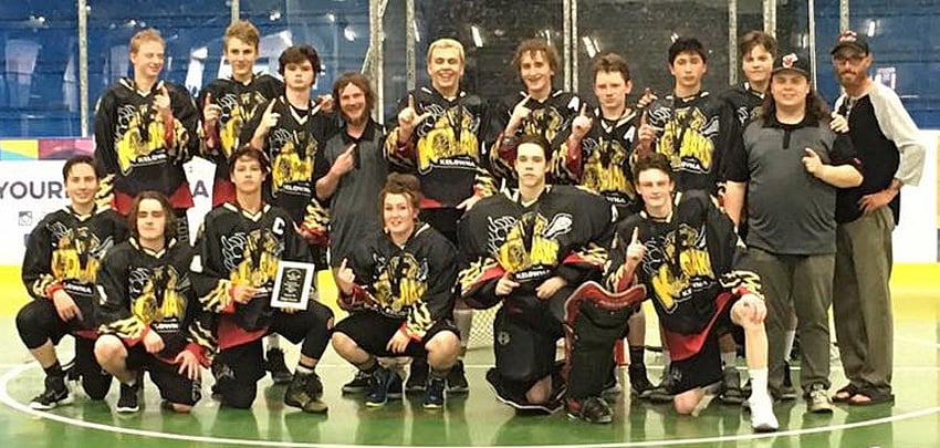 <who>Photo Credit: Contributed </who>The Kelowna Kodiaks celebrated another tournament win in Richmond on the weekend. Members of the Kelowna Minor Lacrosse Association midget-division team are, from left, front: Kegan Cochrane, Taryn Munson, Zander Torres, Jaeda Cox, Shaun Agostinho, Colten Wasylenko, Quinn Johnson-Plant (assistant coach), Gregg Parrent (head coach). Zeb Pink, Justin Charlton, Colin MacGregor, Mike Phillips (assistant coach), Tanner Warren, Nolan Katinic, Blake Spragge, Bradley Swecera and Tyler Johnston.