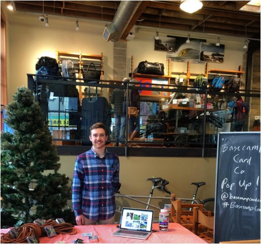Aidan selling cards at Patagonia.