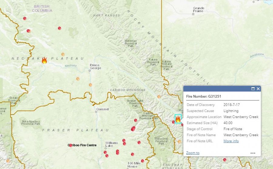 <who>Photo Credit: Screen grab BC Wildfire Service</who> Location of West Cranberry Creek fire