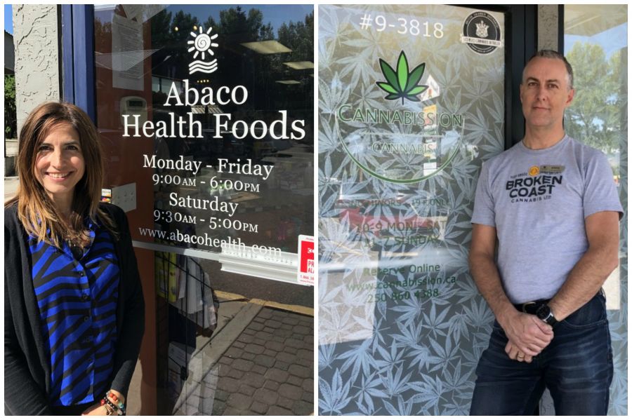 <who>Photo Credit: Steven Jones</who> Shauna outside Abaco Health Foods next door to Steven outside Cannabission