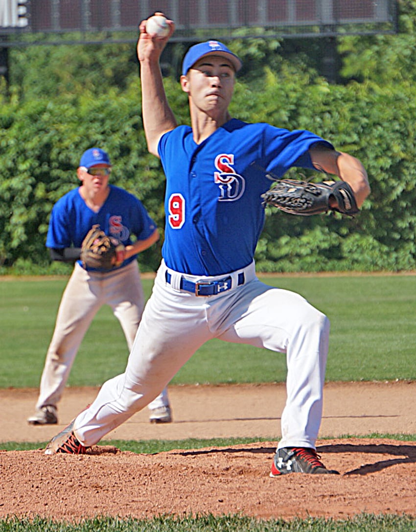 <who>Photo Credit: Contributed </who>Dreyton Nelmes of the Sun Devils threw a three-hitter against the Cowichan Valley Mustangs.