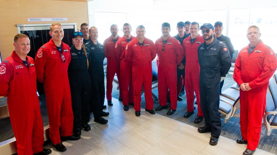 <who>Photo Credit: NowMedia</who> The Snowbirds team at Penticton airport last week