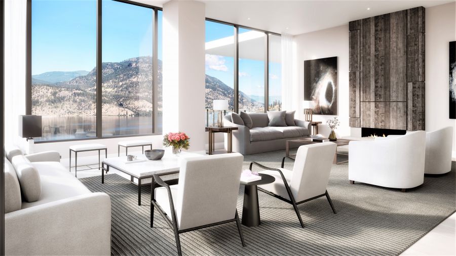 </who>The double-size living room of the One Water Street penthouse features massive window to the lake view and a fireplace. The interiors are by celebrity designer Brian Gluckstein, who has designed many a luxury home, has a line of furniture and accessories that are sold in stores nationwide and appears regularly on Cityline morning TV.