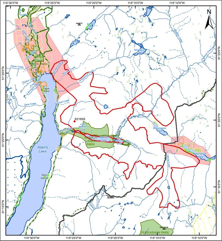 <who>Photo Credit: BCWS</who>The Momich Lake wildfire's size as of Aug. 12 in the evening.