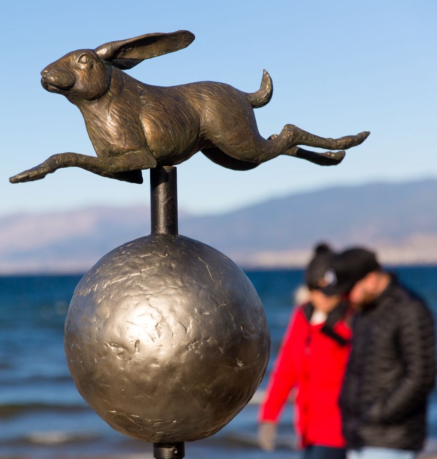 <who>Photo Credit: NowMedia</who> Salmon Cycle was one of several sculptures to dot the Okanagan Lake waterfront this year
