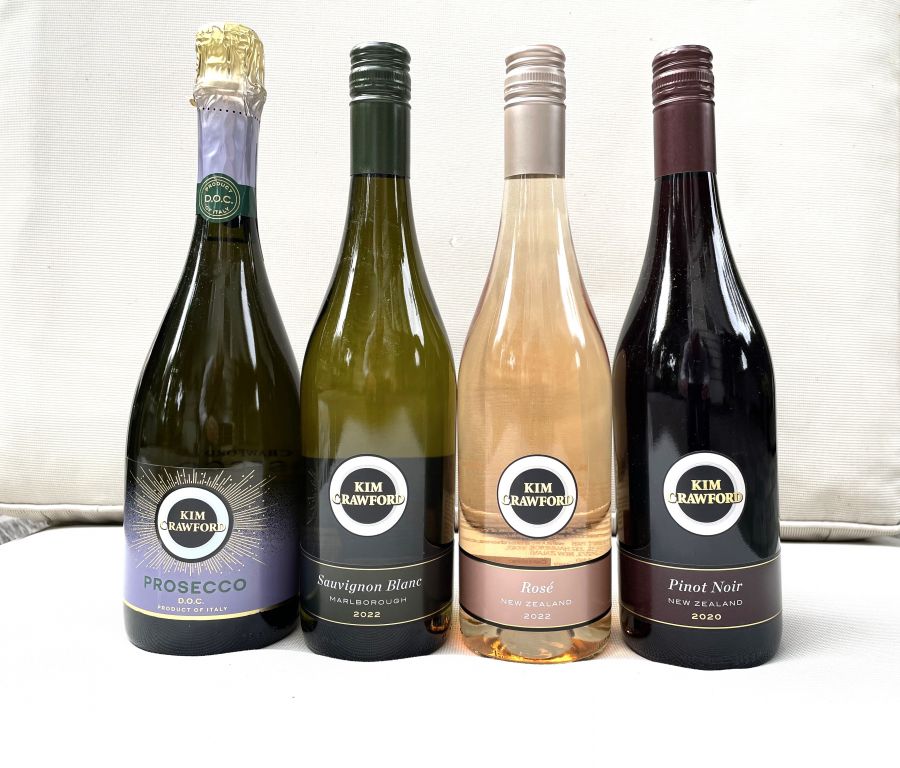 </who>From left, Kim Crawford Prosecco ($24), which is made in Italy, and three wines made in New Zealand -- 2022 Sauvignon Blanc ($23), 2022 Rose ($23) and 2020 Pinot Noir ($26).