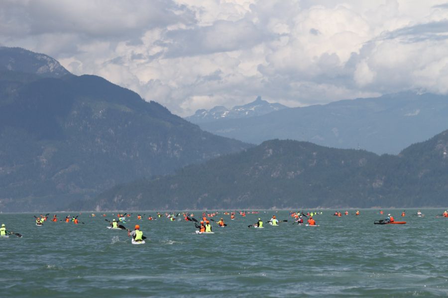 <who>Photo Credit: Viviane Nishikiori</who>The field spreads out on the Howe Sound during the Canadian Downwind Championships.