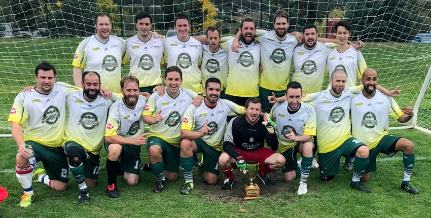 Company FC defeated Lifeworks Chiropractic in the title match to win the Kelowna Men's Soccer League's Division 3A championship. Members of the winning team are, from left, front: Dan Hunt, Dave Crawford, Matt Crawford, Jeff Widmer, Ross Miller, Joe Allen, Jon Mair, Chris Laberge and Mike Gill. Back: James  Walker, Iain McCulloch, Matthew  Nicholls, Gary Allen, Kyle Miller, Paul Reuther, Karl Wolf and Ben Paul. Missing: Sean Murphy, Mike Kennefick, Jon Craven and Tom Simpson.