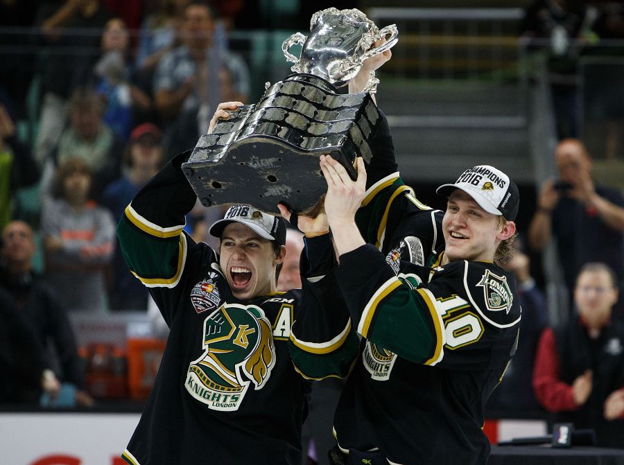 <who>Photo Credit: Getty Images</who>Current NHLers Mitch Marner (L) and Christian Dvorak celebrate their Memorial Cup title with the London Knights in 2016.